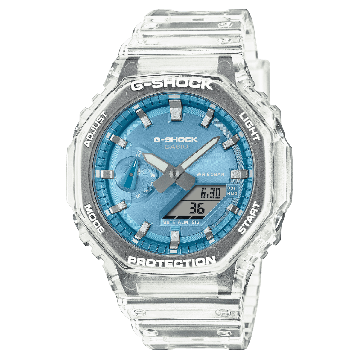 Casio G-Shock GA-2100BM-7A2 with blue dial and translucent band