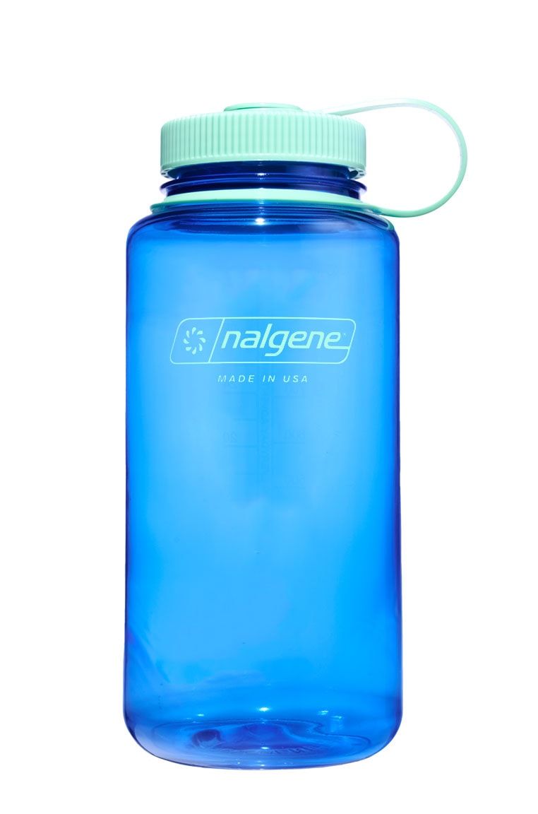 Nalgene 32oz Wide Mouth Sustain water bottle in translucent cornflower blue