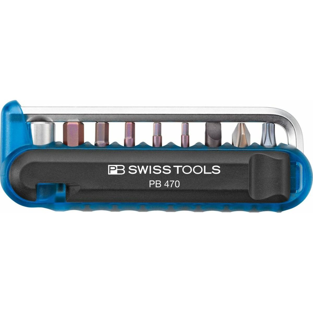 PB Swiss Tools PB 470 BikeTool with translucent blue body, steel bits and tire levers