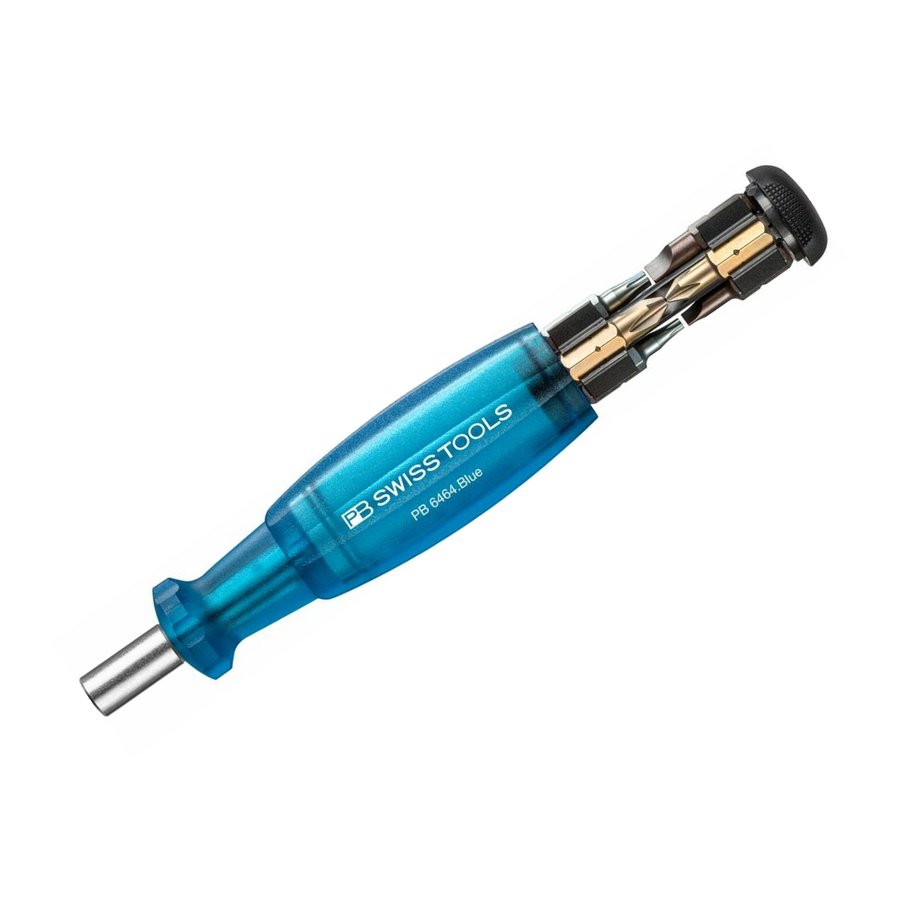 PB Swiss Tools PB 6464 bit-holding screwdriver with translucent blue handle and bit magazine