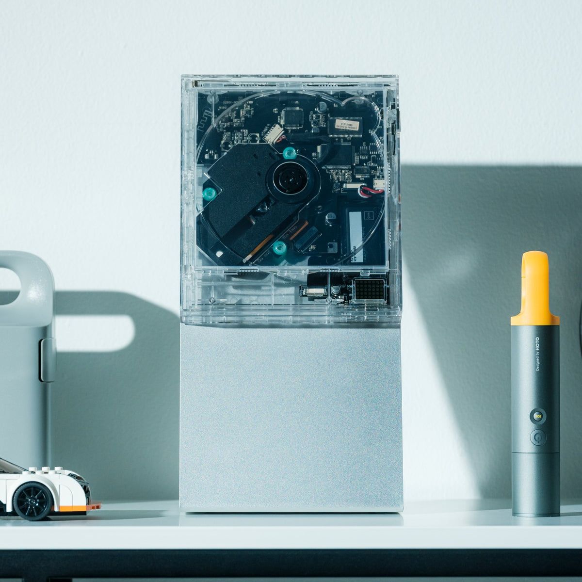 ClearFrame CD Player with crystal-clear polycarbonate body and exposed circuitry