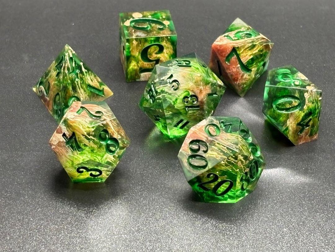 Ranger Green & Brown Transparent Handmade Resin Sharp-Edge Dice Set DnD — transparent green with brown details