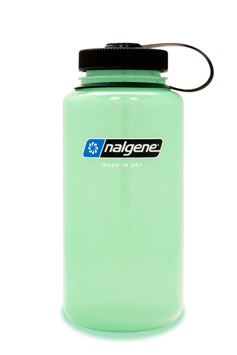 Nalgene 32oz Wide Mouth Sustain water bottle in translucent glow green