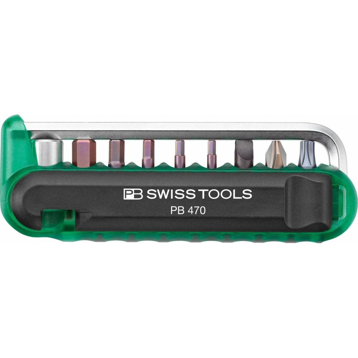 PB Swiss Tools PB 470 BikeTool with translucent green body and visible steel bits