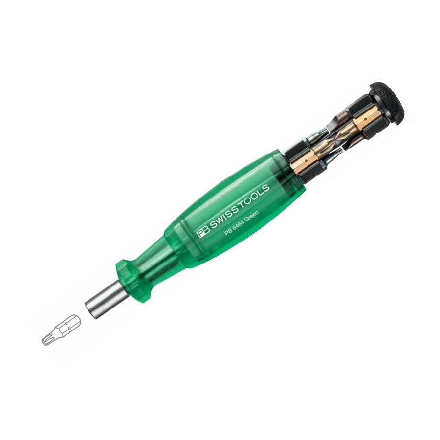 PB Swiss Tools PB 6464 bit-holding screwdriver with translucent green handle and bit magazine