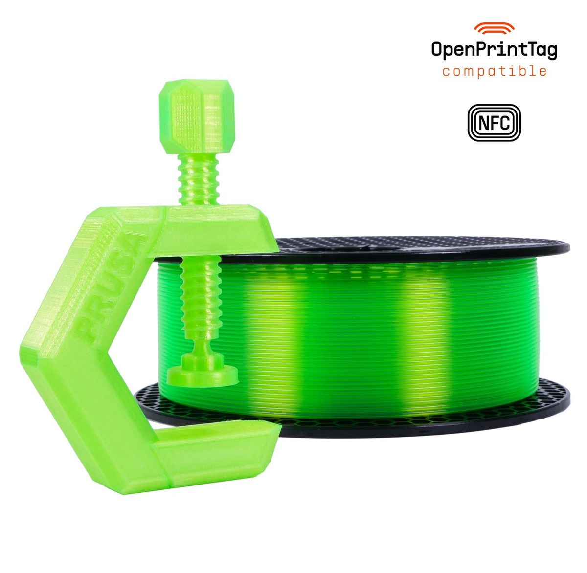 Prusament neon green transparent PETG filament spool