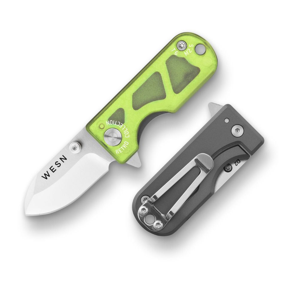 WESN Microblade Voltage Green keychain knife with translucent scales