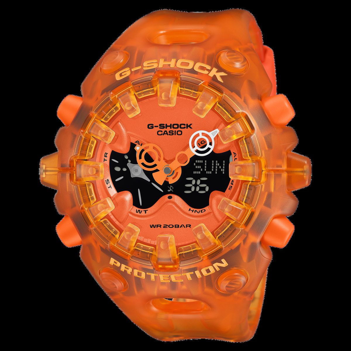 Casio G-Shock GA-V01SKE-4A with translucent orange bezel and band