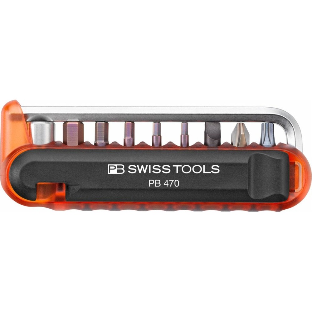 PB Swiss Tools PB 470.Red BikeTool with translucent red-orange body and visible steel bits