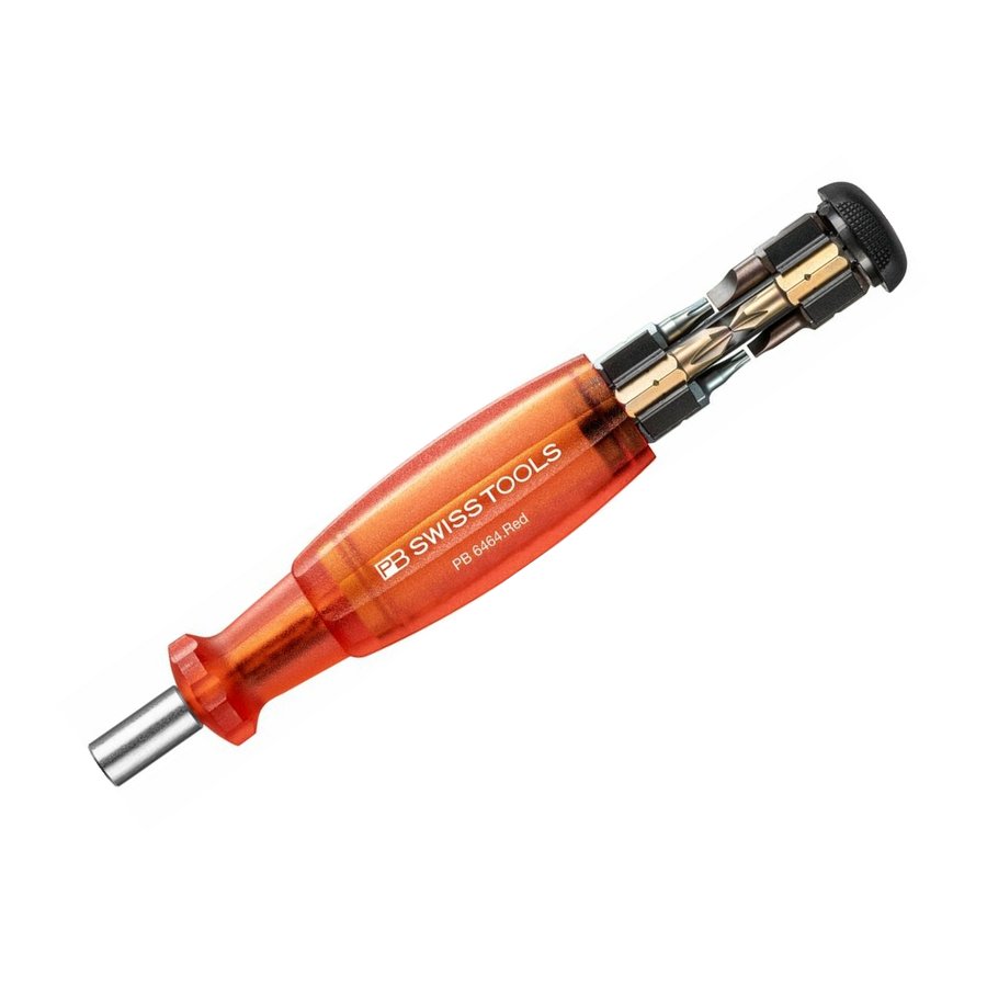 PB Swiss Tools PB 6464 bit-holding screwdriver with translucent red (translucent orange) handle and bit magazine
