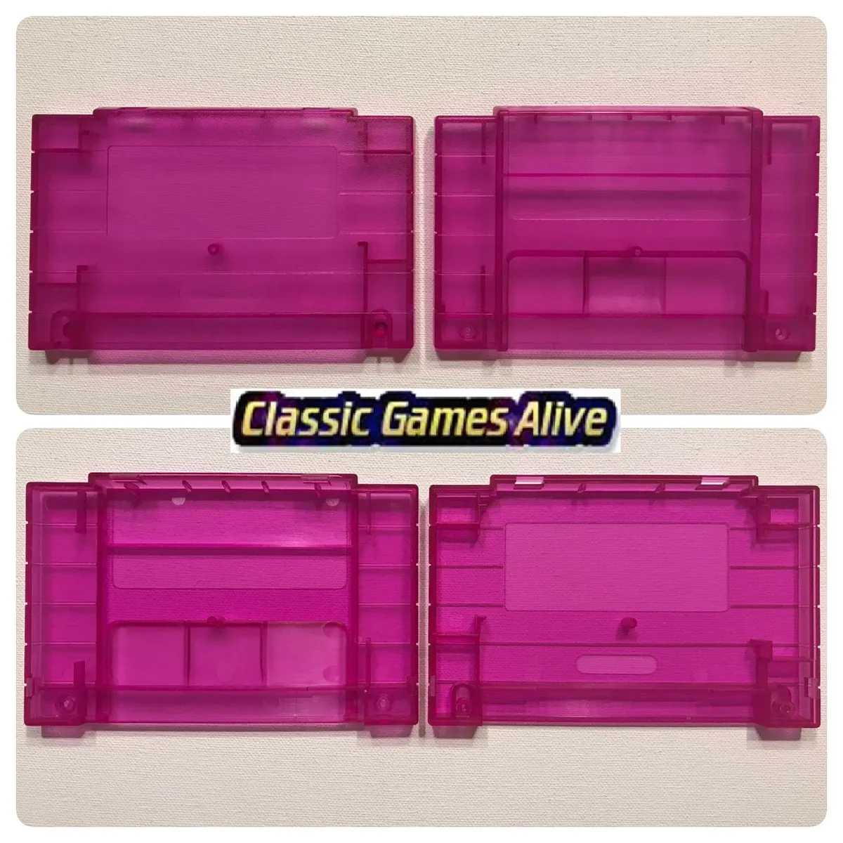 Atomic Purple transparent reproduction shell for a Super Nintendo game cartridge