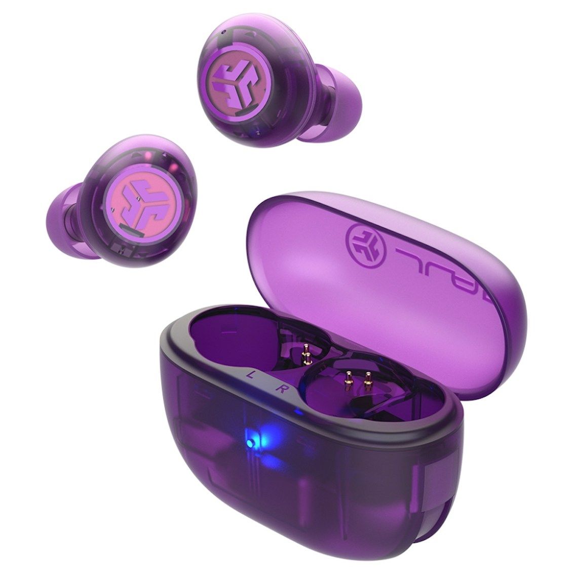 JLab GO Pop ANC earbuds and charging case in transparent purple