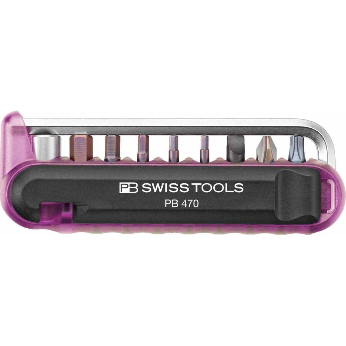 PB Swiss Tools PB 470 BikeTool with translucent purple body and visible steel bits