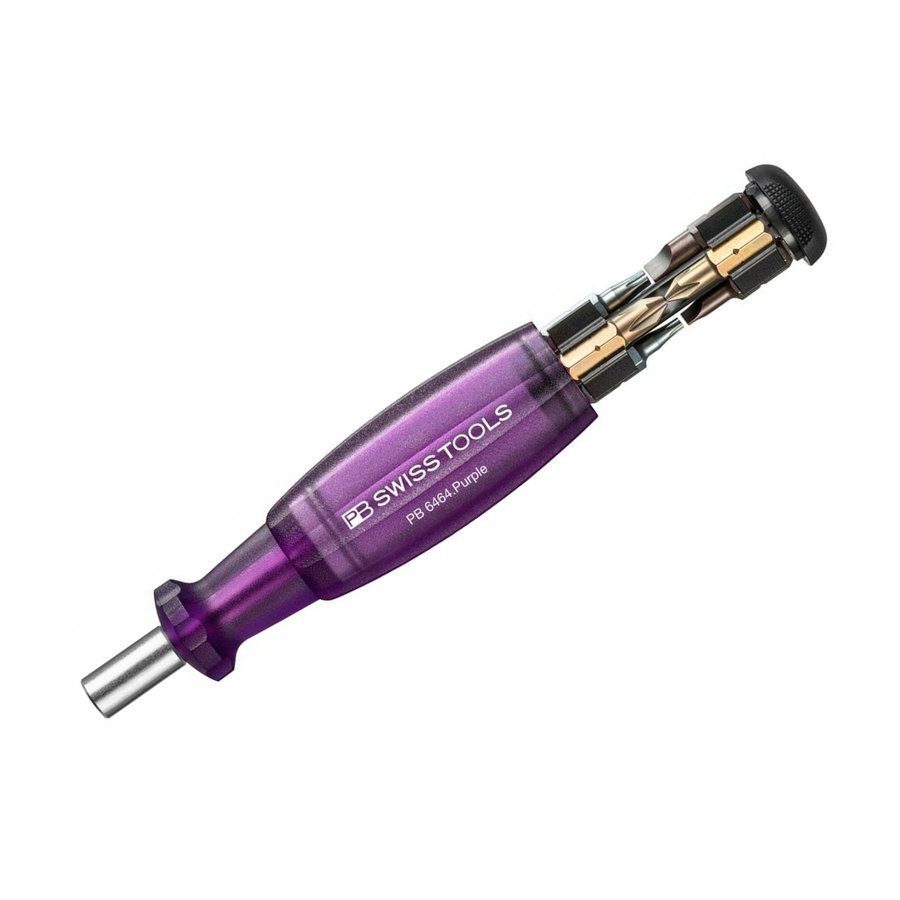 PB Swiss Tools PB 6464 bit-holding screwdriver with translucent purple handle and bit magazine