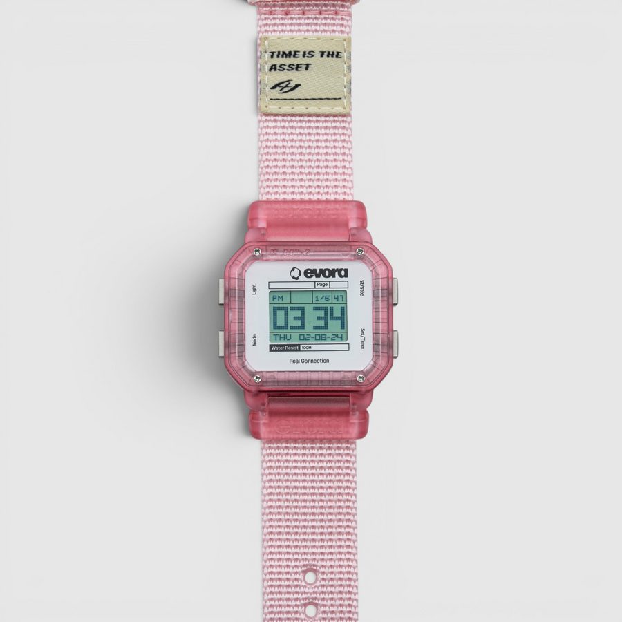 EVORA Rose' (v2) digital watch with translucent pink-red case on a light pink nylon band