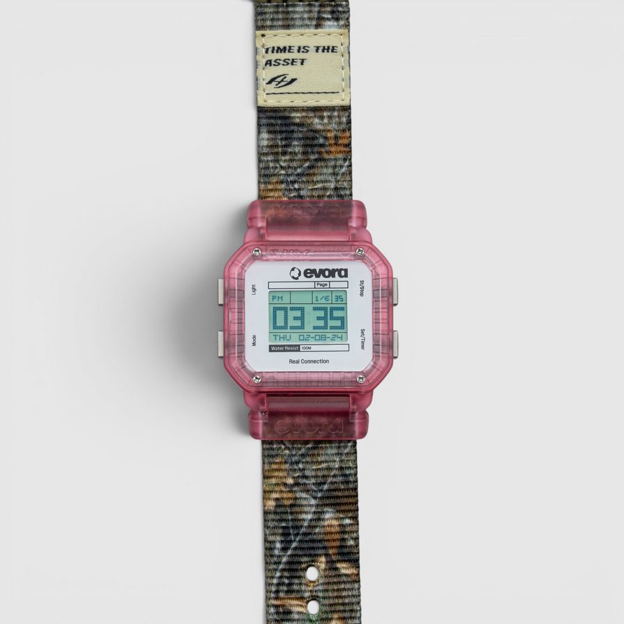 EVORA Vintage Rose' Camo (v2) digital watch with translucent rose-red case on a camo nylon band