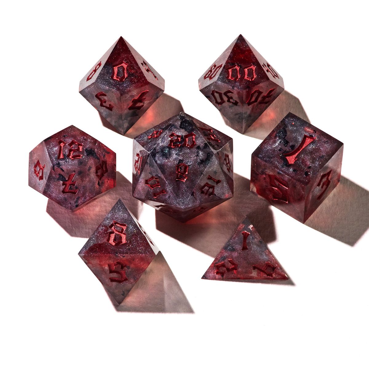 Handmade DnD Dice Set, RPG Dice Collection, Epoxy Resin Dice Set - Forest Mist, Mists of Barovia, Interstellar Winter — Mists of Barovia smoky translucent with crimson