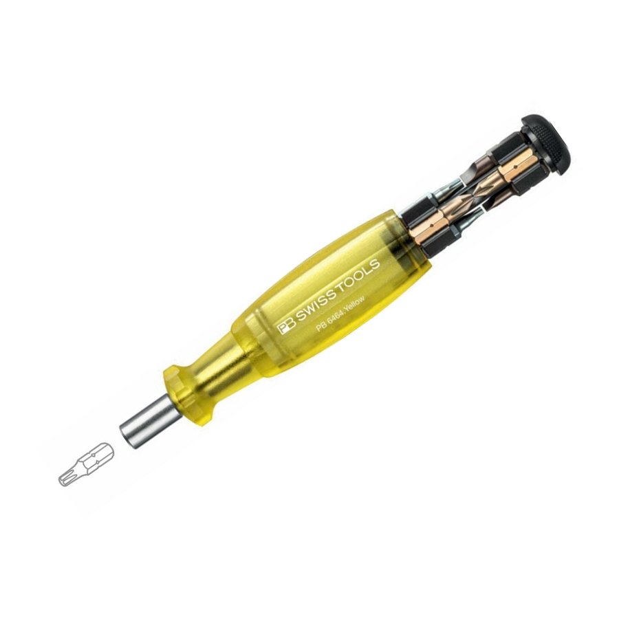 PB Swiss Tools PB 6464 bit-holding screwdriver with translucent yellow handle and bit magazine